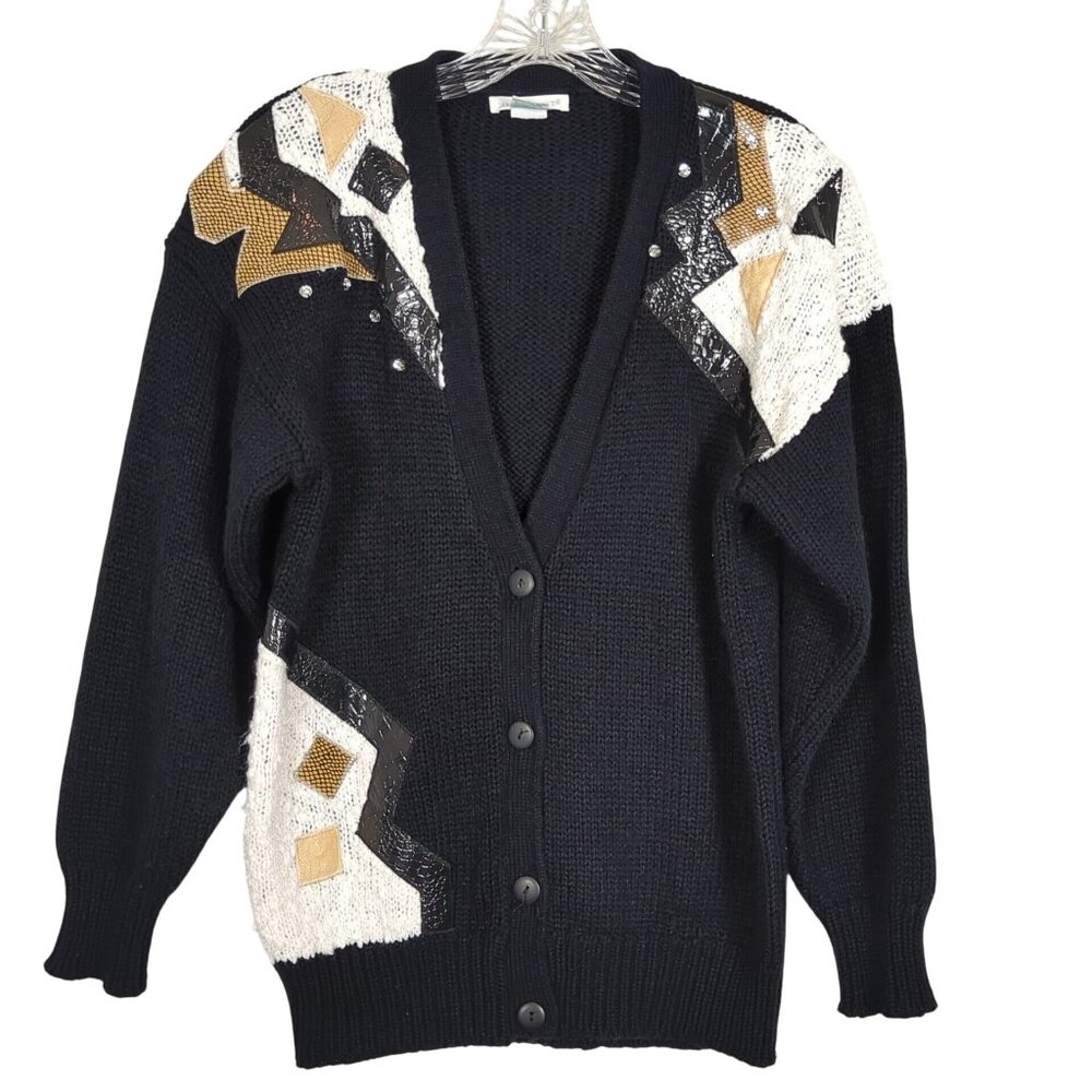 Jamie Scott Vintage Black Women Sweater Cardigan faux leather Rhinestones 90s